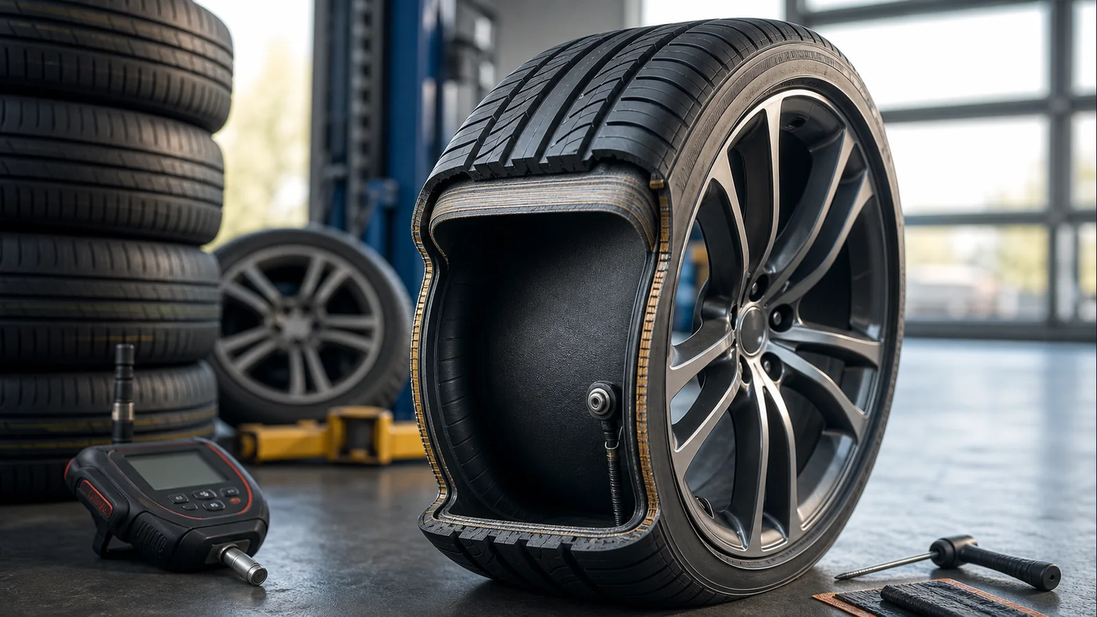 Run Flat шина в мастерской с инструментом контроля давления